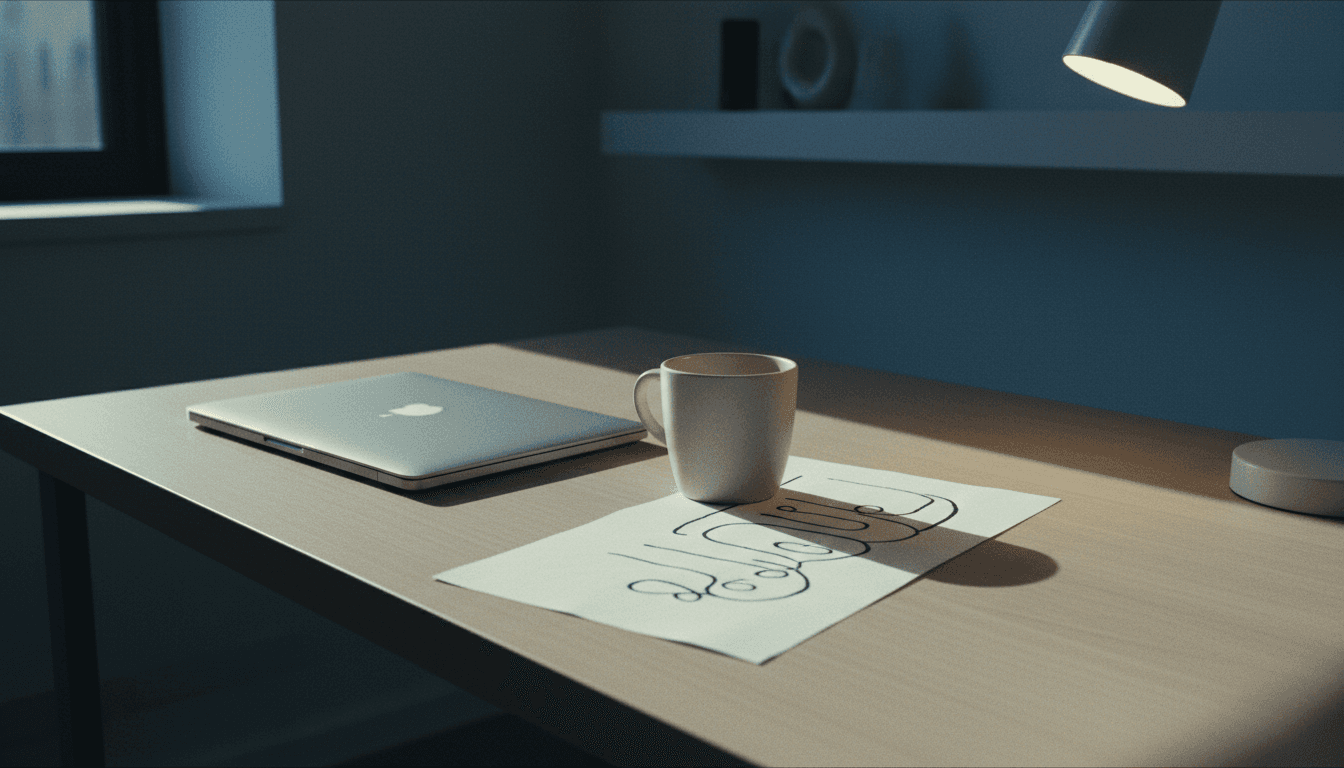 Modern desk workspace with laptop, coffee cup, and handwritten notes under direct flash lighting