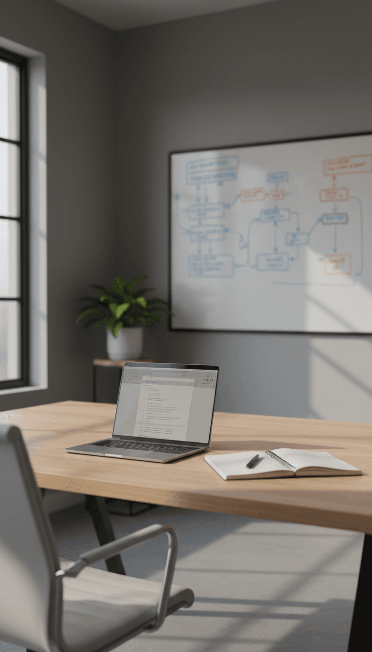Workspace with laptop and whiteboard diagrams