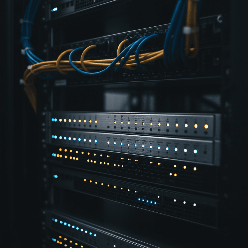 Server rack with blinking indicator lights
