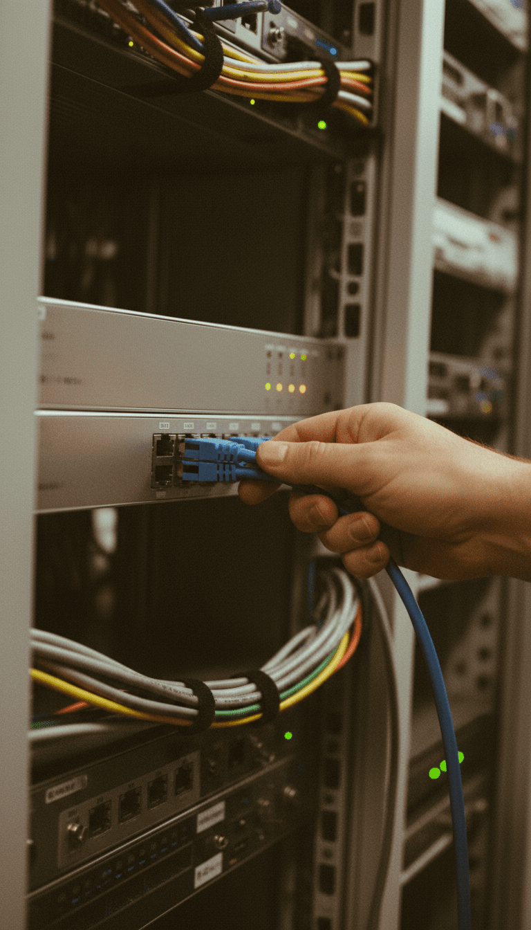 A vintage film photography aesthetic with prominent grain, a medium shot of a single hand making a precise connection between two network cables in a server room.