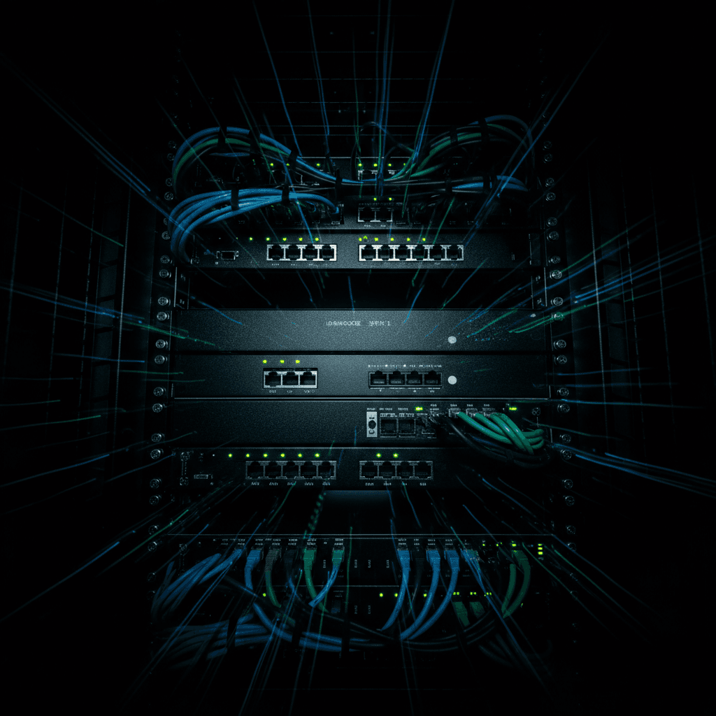 Close-up of server rack with blinking LEDs in a dim data center