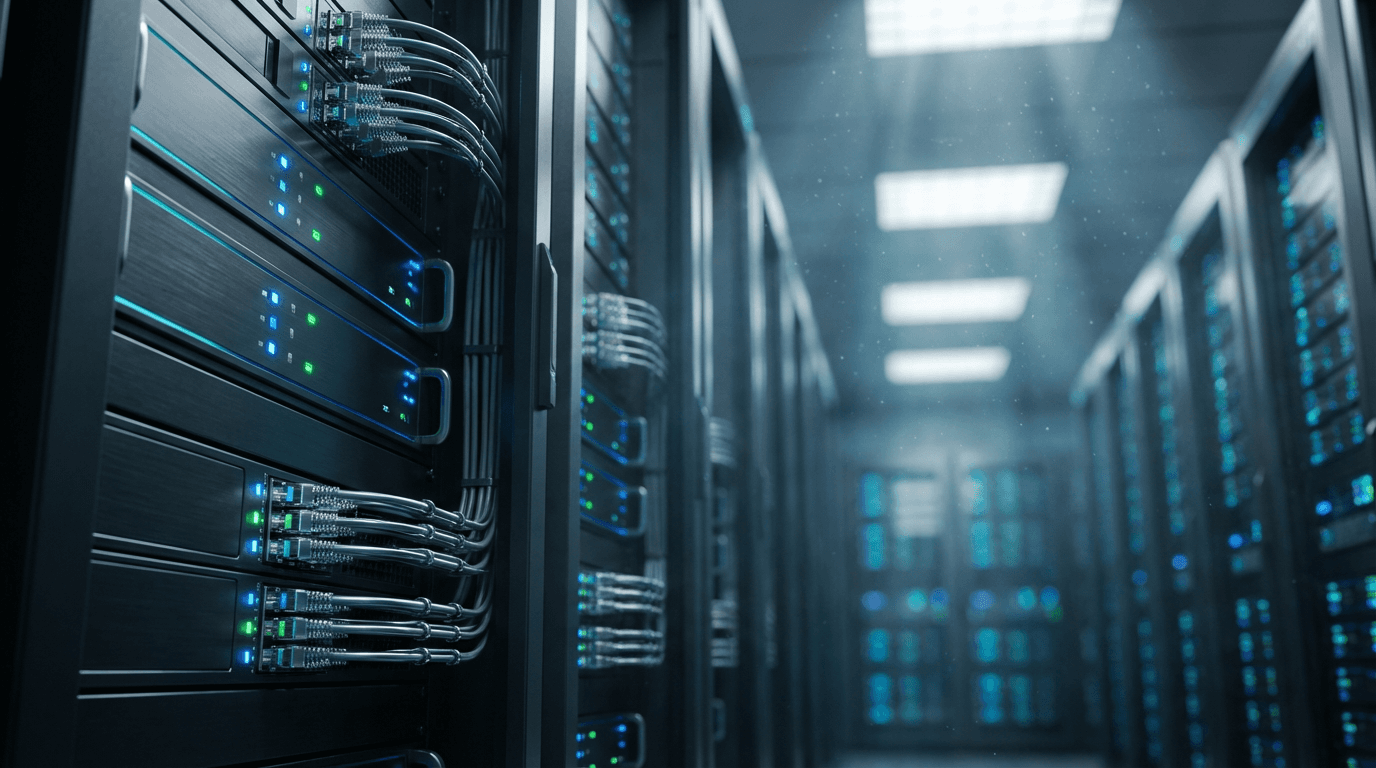 Close-up of server rack with blue indicator lights in a dim data center